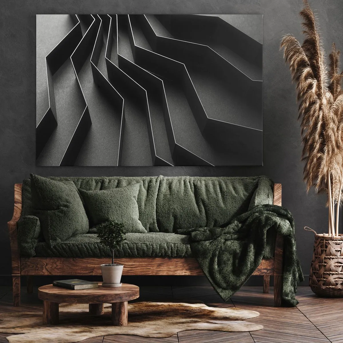 Cuadro sobre lienzo - Impresión de Imagen - Abstracción en blanco y negro con estructuras geométricas. - 100x70cm - Orden espacial - Decoración de pared moderna para salón y dormitorio ARTTOR