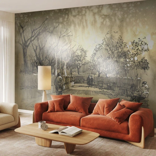 Fotomural Premium Canvas - Una escena de dibujos animados de un parque con gente caminando en tonos cálidos. - 100x70cm - Un momento hecho a pluma - Decoración de pared moderna para salón y dormitorio ARTTOR