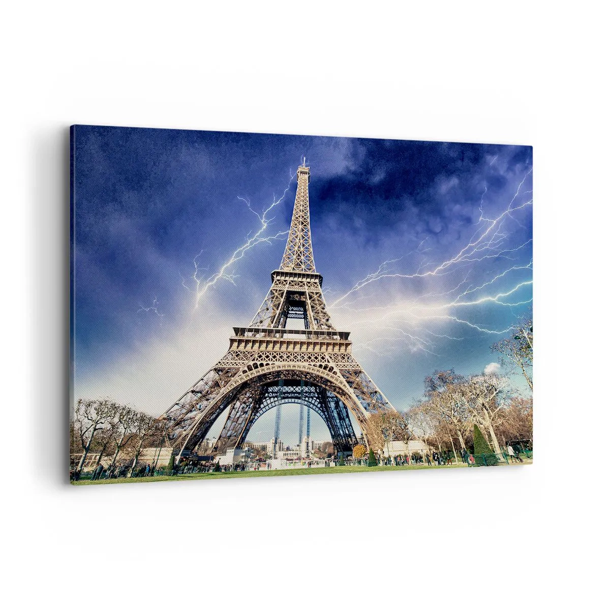 Cuadro sobre lienzo - Impresión de Imagen - La Torre Eiffel con un cielo tormentoso y relámpagos al fondo. - 120x80cm - Reina sobre las tormentas - Decoración de pared moderna para salón y dormitorio ARTTOR