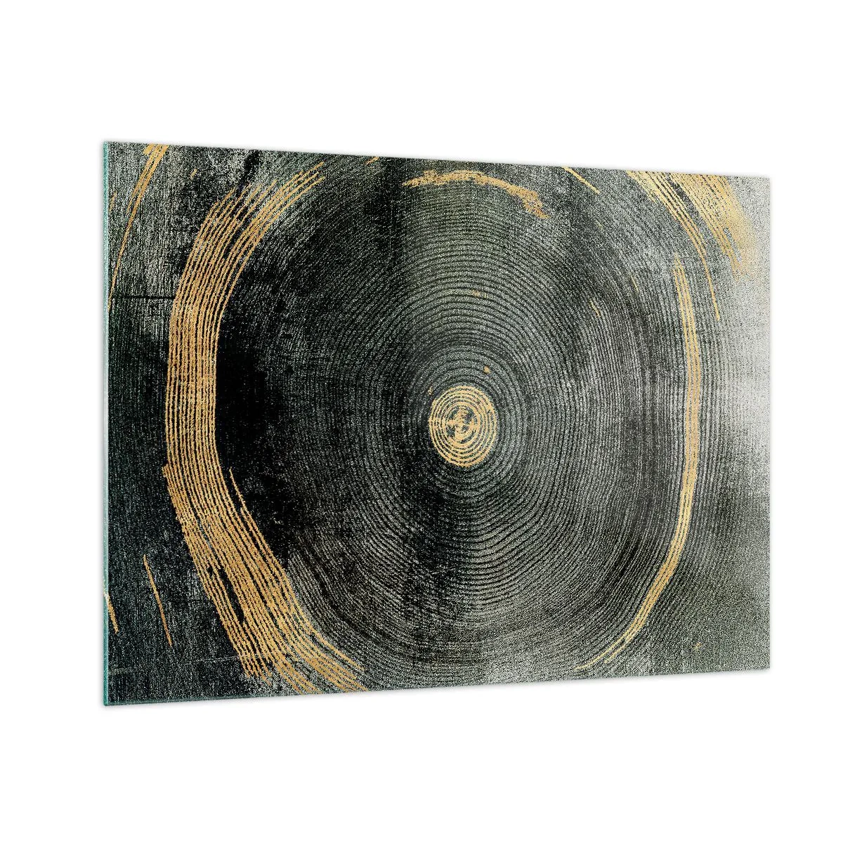 Cuadro sobre vidrio - Impresiones sobre Vidrio - Sección transversal de un tronco de árbol con detalles y acentos dorados. - 70x50cm - Cambio y perpetuidad - Decoración de pared moderna para salón y dormitorio ARTTOR