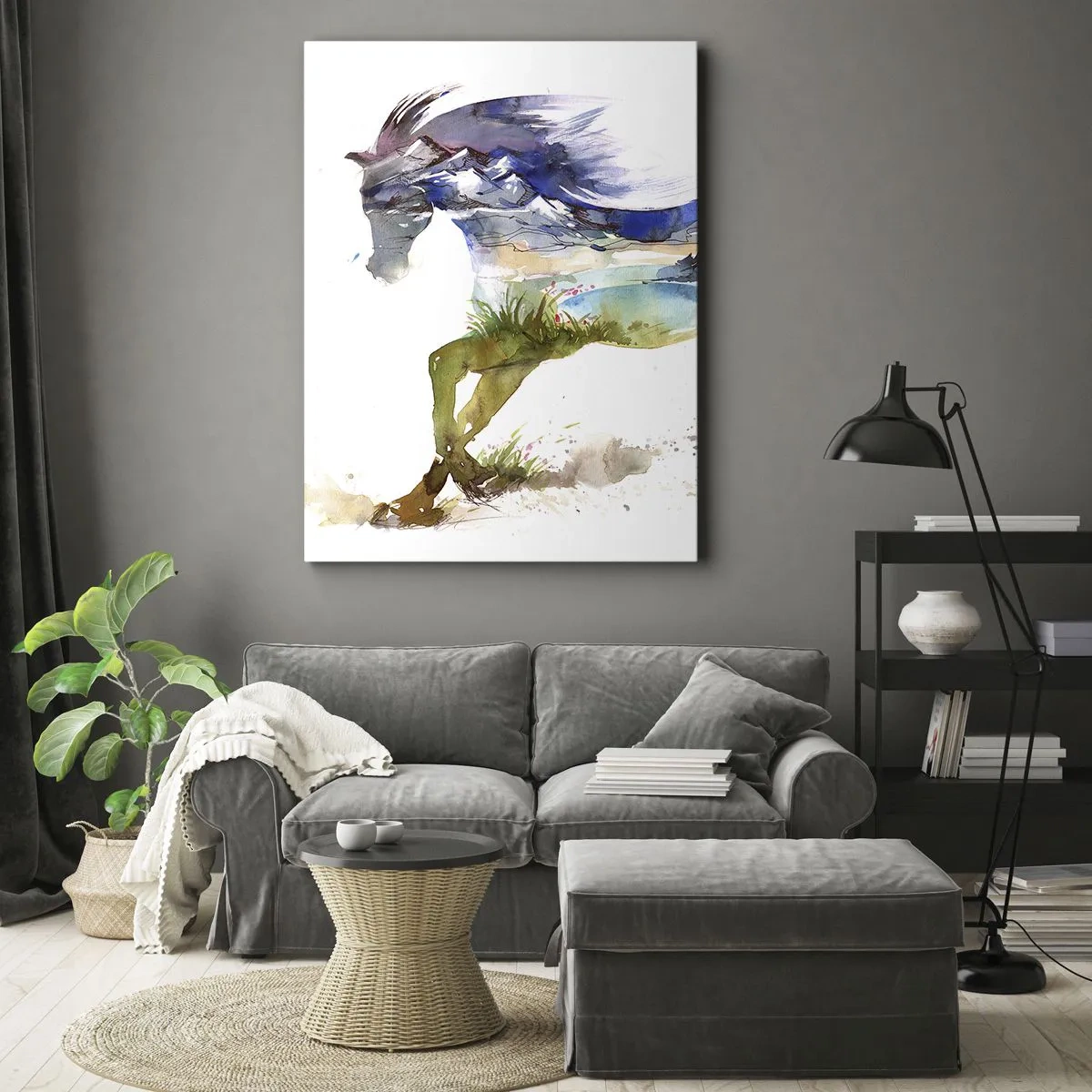 Cuadro sobre lienzo - Impresión de Imagen - Acuarela de un caballo con un paisaje de montaña en silueta. - 50x70cm - De la pradera al cielo - Decoración de pared moderna para salón y dormitorio ARTTOR