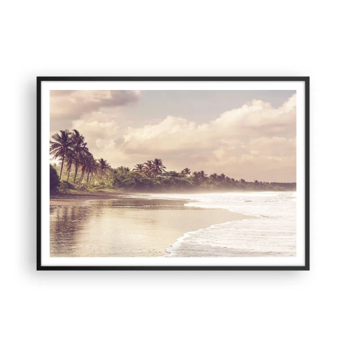 Póster en marco negro - Una playa con palmeras y olas suaves por la mañana. - 100x70cm - La caricia de las olas - Decoración de pared moderna para salón y dormitorio ARTTOR