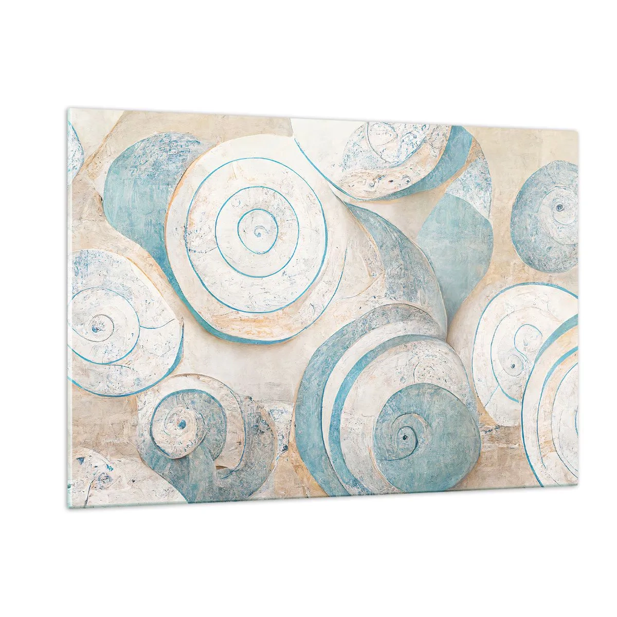 Cuadro sobre vidrio - Impresiones sobre Vidrio - Conchas en una paleta azul y beige sobre un fondo estructurado. - 120x80cm - ¿Qué esconden en su interior? - Decoración de pared moderna para salón y dormitorio ARTTOR