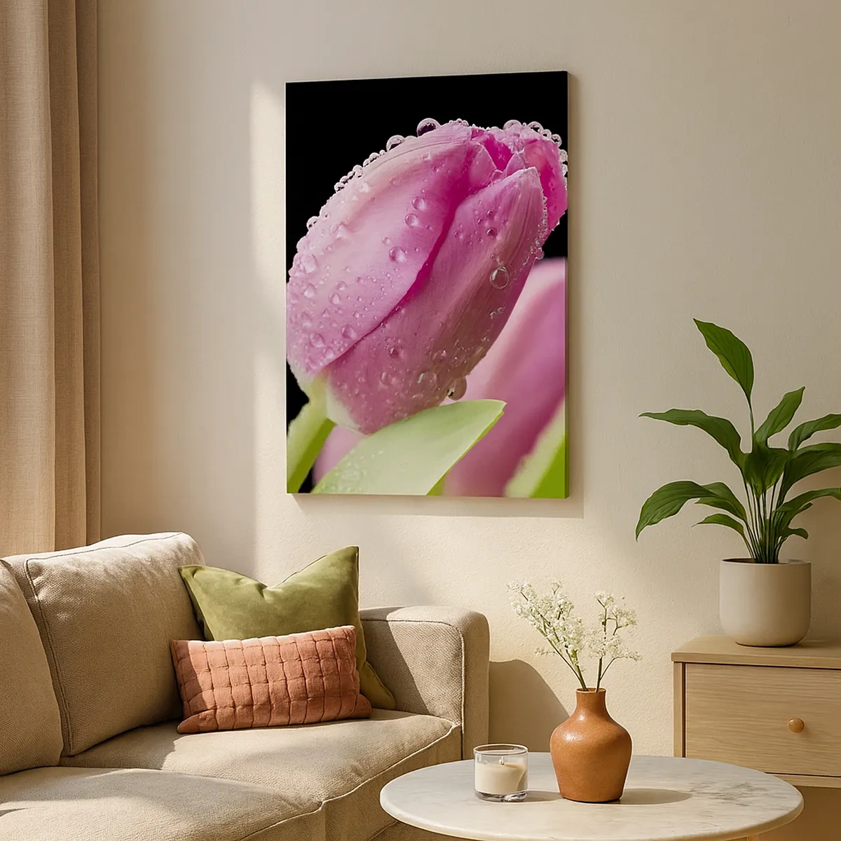 Cuadro sobre lienzo - Impresión de Imagen - Tulipán rosa con gotas de agua sobre fondo negro - 50x70cm - Un sueño de lilas en el rocío - Decoración de pared moderna para salón y dormitorio ARTTOR