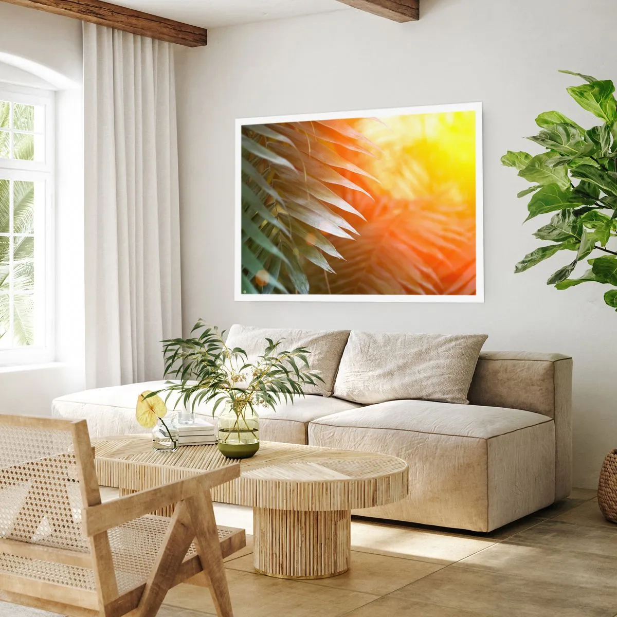 Póster - Hojas de palma en los rayos del atardecer. - 100x70cm - Mañana en la selva - Decoración de pared moderna para salón y dormitorio ARTTOR