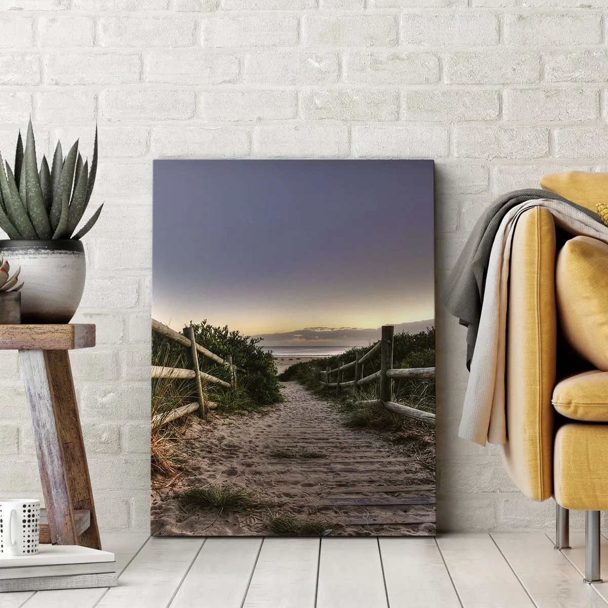 Cuadro sobre lienzo - Impresión de Imagen - Camino de madera en las dunas que conduce a la playa al atardecer - 50x70cm - Objetivo a la vista - Decoración de pared moderna para salón y dormitorio ARTTOR
