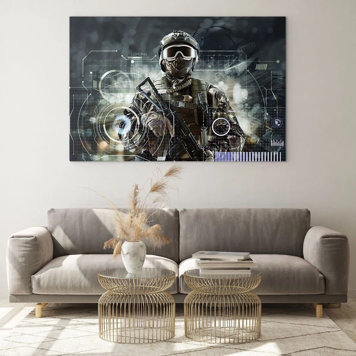 Cuadro sobre vidrio - Impresiones sobre Vidrio - Un soldado con equipo táctico frente a una interfaz futurista. - 100x70cm - De poder a poder - Decoración de pared moderna para salón y dormitorio ARTTOR