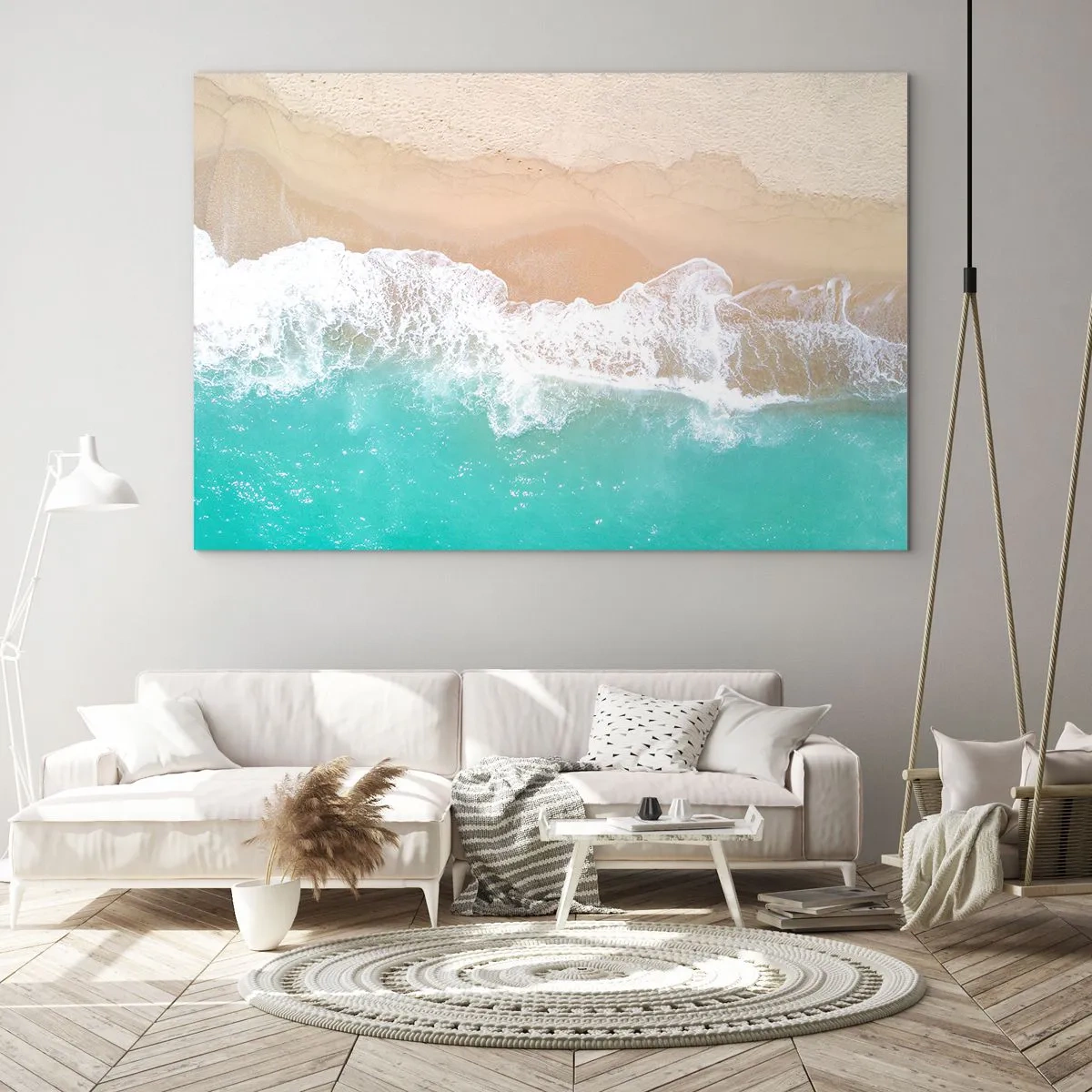 Cuadro sobre vidrio - Impresiones sobre Vidrio - Vista aérea de la playa con agua turquesa y olas blancas. - 70x50cm - Un toque acariciador - Decoración de pared moderna para salón y dormitorio ARTTOR