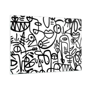 Cuadro sobre vidrio - Impresiones sobre Vidrio - Abstracción en blanco y negro con ojos, caras y líneas. - 100x70cm - Rostros y espejismos - Decoración de pared moderna para salón y dormitorio ARTTOR