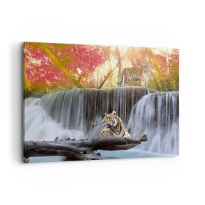 Cuadro sobre lienzo - Impresión de Imagen - Tigres en una cascada en el bosque otoñal - 100x70cm - Paisaje surrealista    - Decoración de pared moderna para salón y dormitorio ARTTOR