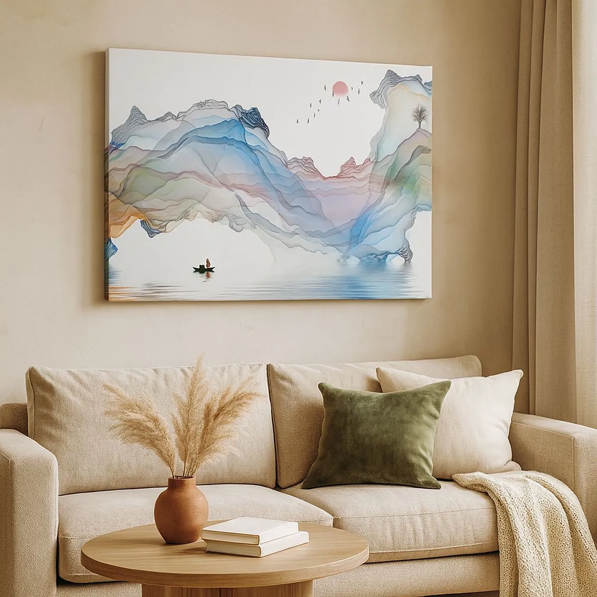 Cuadro sobre lienzo - Impresión de Imagen - Un paisaje sutil con montañas, agua y un barco. - 70x50cm - Hacia las montañas de cristal - Decoración de pared moderna para salón y dormitorio ARTTOR