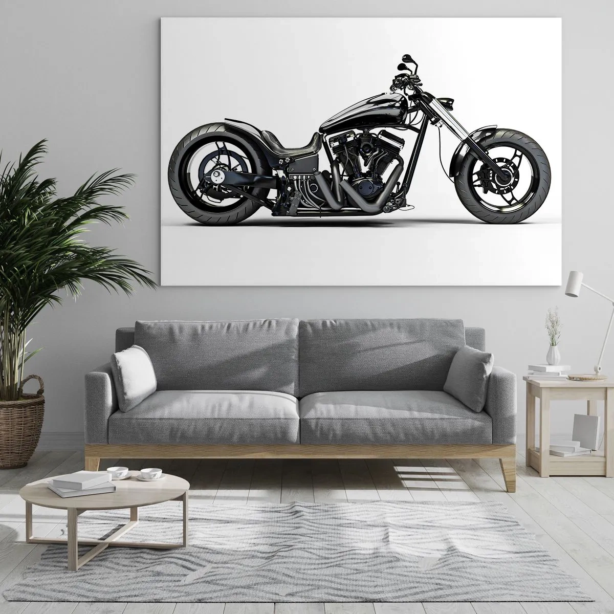 Cuadro sobre vidrio - Impresiones sobre Vidrio - Motocicleta personalizada negra sobre fondo blanco. - 120x80cm - Para los que aman la libertad - Decoración de pared moderna para salón y dormitorio ARTTOR
