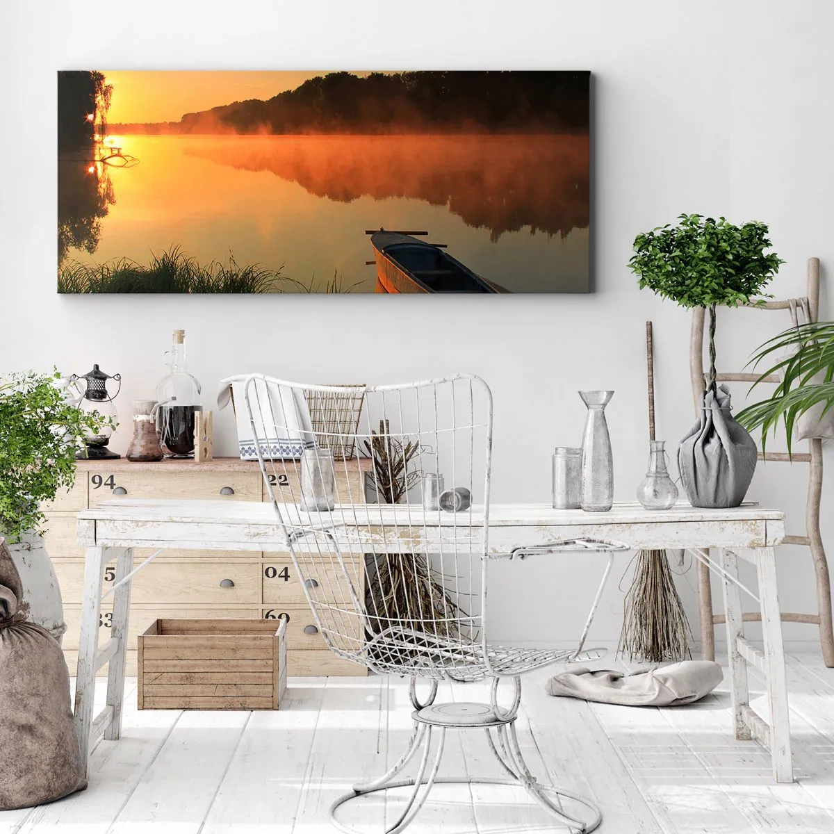 Cuadro sobre lienzo - Impresión de Imagen - Amanecer sobre el agua como la superficie de un espejo - 90x30 cm