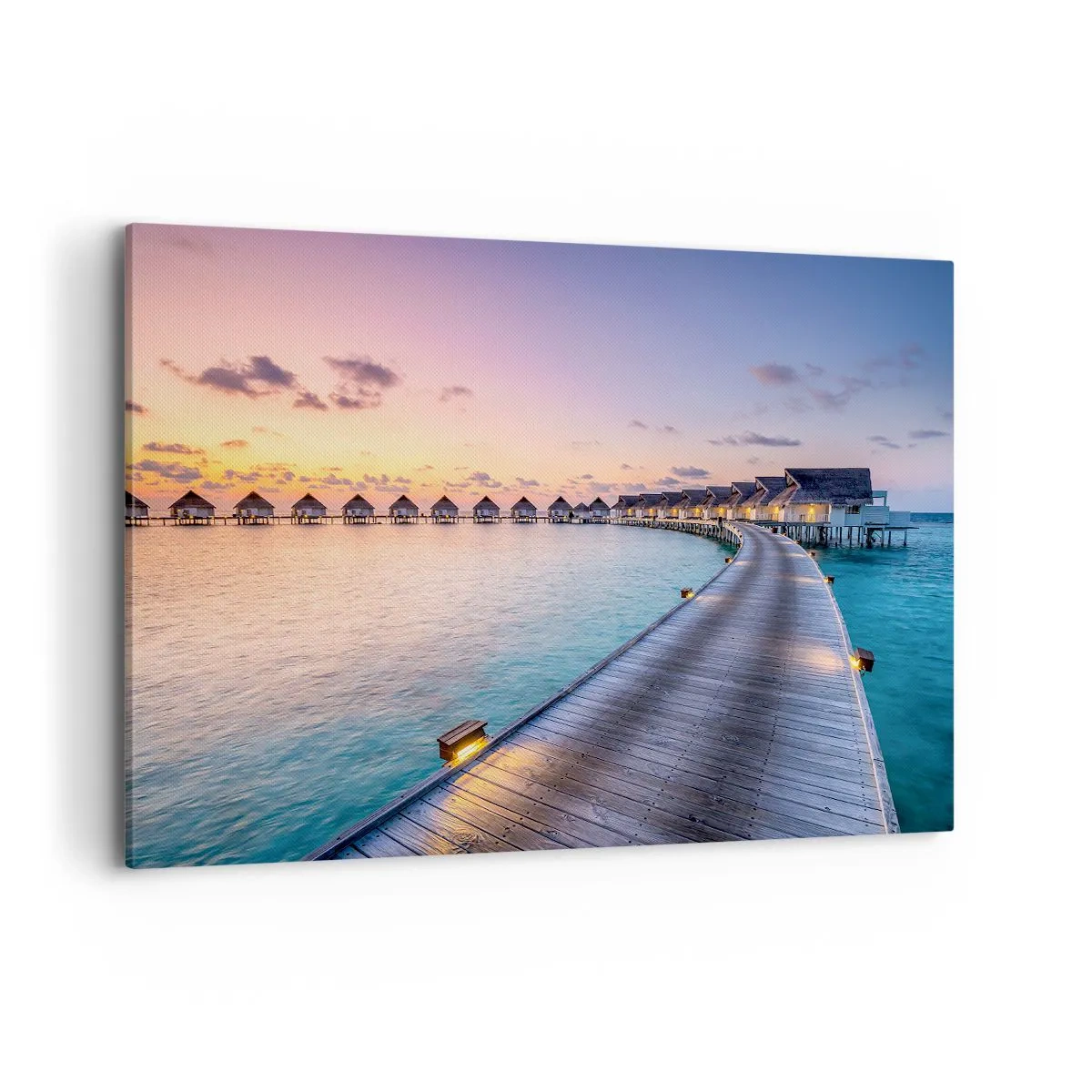 Cuadro sobre lienzo - Impresión de Imagen - El muelle que conduce a las cabañas frente al mar al atardecer. - 100x70cm - Vacaciones - volver al origen - Decoración de pared moderna para salón y dormitorio ARTTOR