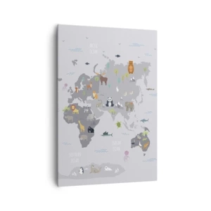 Cuadro sobre lienzo - Impresión de Imagen - Un mapa del mundo con ilustraciones de animales sobre un fondo gris. - 70x100cm - Dime de dónde eres... - Decoración de pared moderna para salón y dormitorio ARTTOR
