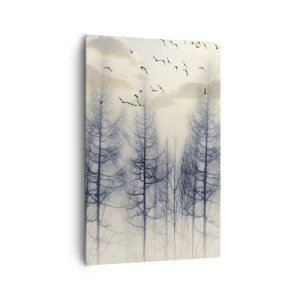 Cuadro sobre lienzo - Impresión de Imagen - Bosque brumoso con pájaros contra el cielo del atardecer - 80x120cm - Espíritus del bosque - Decoración de pared moderna para salón y dormitorio ARTTOR