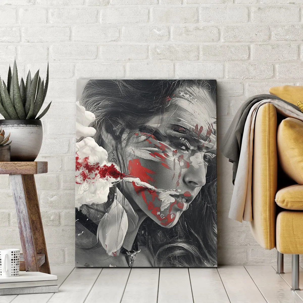 Cuadro sobre lienzo - Impresión de Imagen - Retrato artístico de una mujer con acentos rojos abstractos. - 50x70cm - En los humos del absurdo - Decoración de pared moderna para salón y dormitorio ARTTOR
