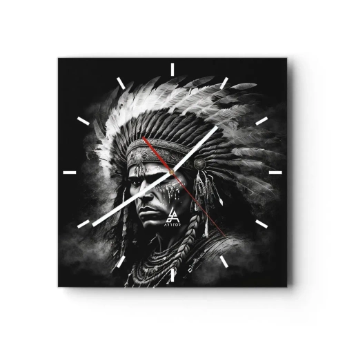 Reloj de pared - Reloj de vidrio - Retrato de un jefe con un tocado de plumas sobre un fondo negro - 30x30cm - Líder y guerrero - Decoración de pared moderna para salón y dormitorio ARTTOR