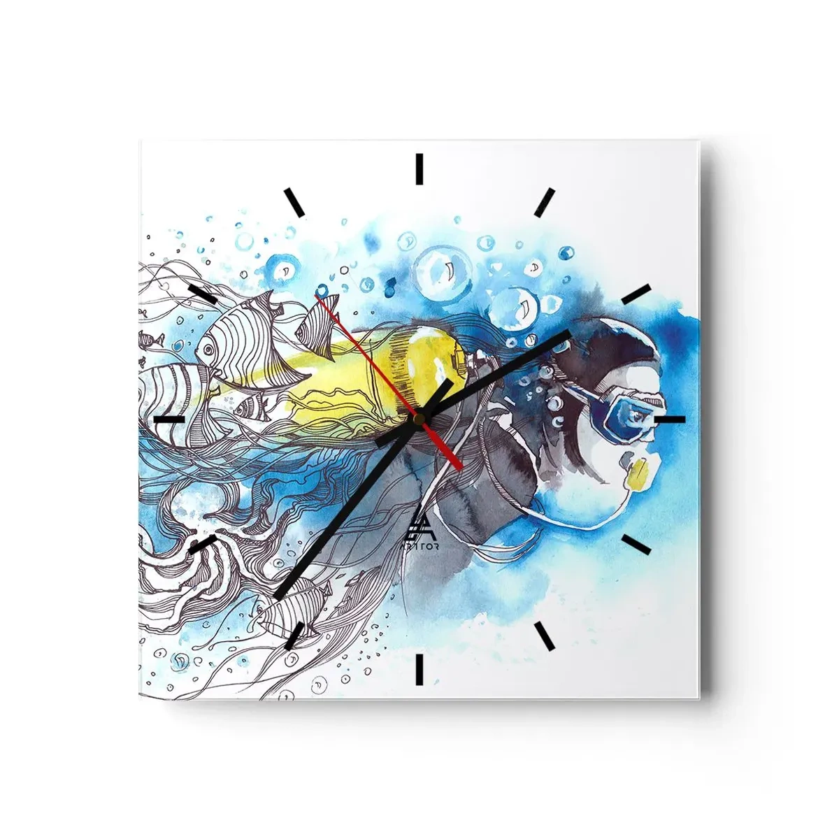 Reloj de pared - Reloj de vidrio - Escena submarina con un buceador y peces exóticos. - 30x30cm - Sumergirse en lo desconocido - Decoración de pared moderna para salón y dormitorio ARTTOR