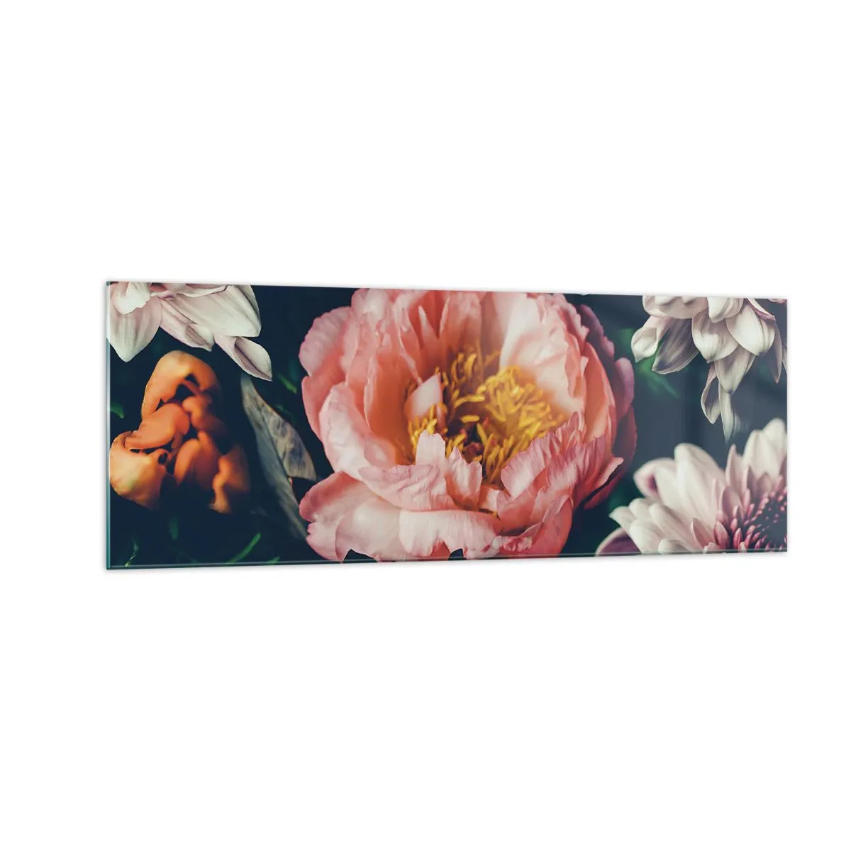 Cuadro sobre vidrio - Impresiones sobre Vidrio - Arreglo floral con peonías y crisantemos sobre fondo oscuro. - 140x50cm - Con esplendor barroco - Decoración de pared moderna para salón y dormitorio ARTTOR