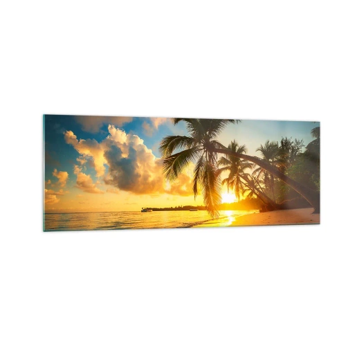 Cuadro sobre vidrio - Impresiones sobre Vidrio - Playa al atardecer con palmeras en la orilla del mar - 140x50cm - Un sueño caribeño - Decoración de pared moderna para salón y dormitorio ARTTOR