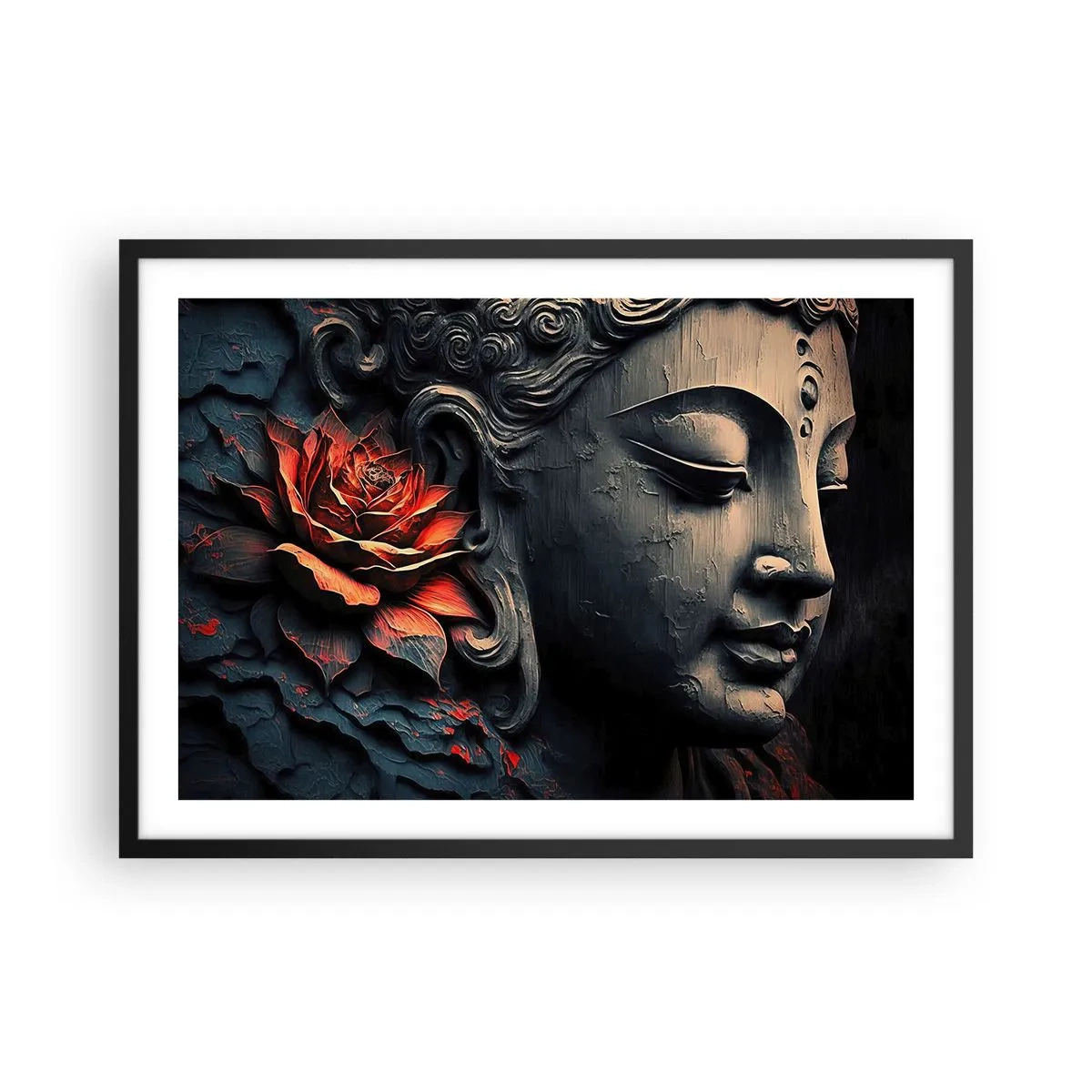 Póster en marco negro - Escultura de Buda con una flor de loto roja. - 70x50cm - En sintonía con el mundo - Decoración de pared moderna para salón y dormitorio ARTTOR