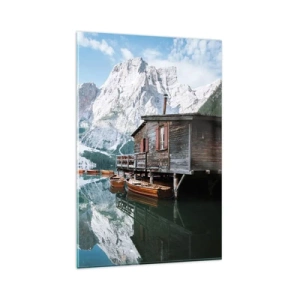 Cuadro sobre vidrio - Impresiones sobre Vidrio - Una cabaña de madera junto a un tranquilo lago de montaña. - 80x120cm - Una mañana cristalina de montaña - Decoración de pared moderna para salón y dormitorio ARTTOR