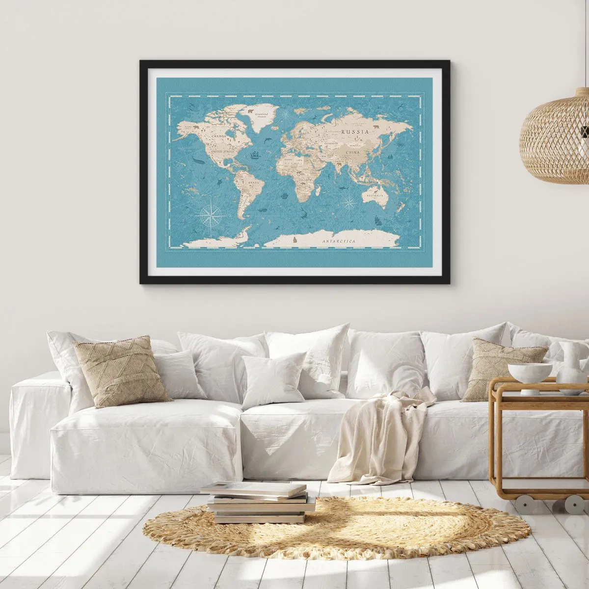 Póster en marco negro - Mapa del mundo decorativo en tonos azules y beige - 70x50cm - Un mundo al alcance de la mano - Decoración de pared moderna para salón y dormitorio ARTTOR