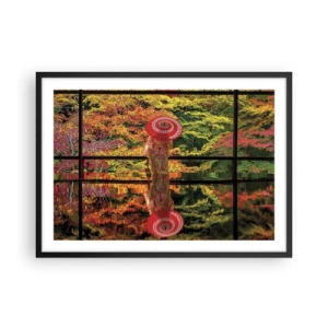 Póster en marco negro - Una mujer con un kimono y un paraguas con el telón de fondo de un paisaje otoñal. - 70x50cm - En un templo de la naturaleza - Decoración de pared moderna para salón y dormitorio ARTTOR