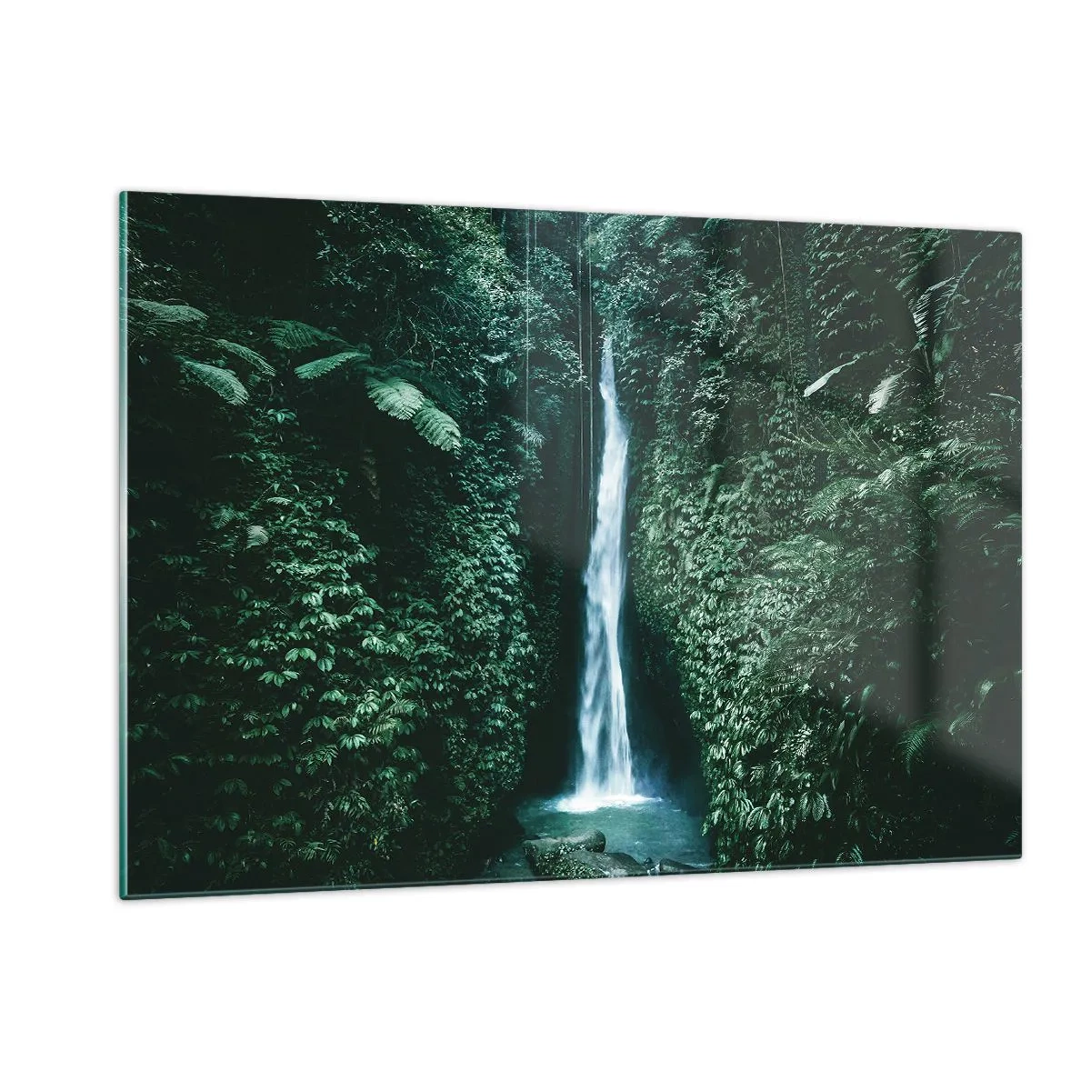 Cuadro sobre vidrio - Impresiones sobre Vidrio - Una cascada en medio de una densa vegetación tropical. - 120x80cm - Balneario tropical - Decoración de pared moderna para salón y dormitorio ARTTOR