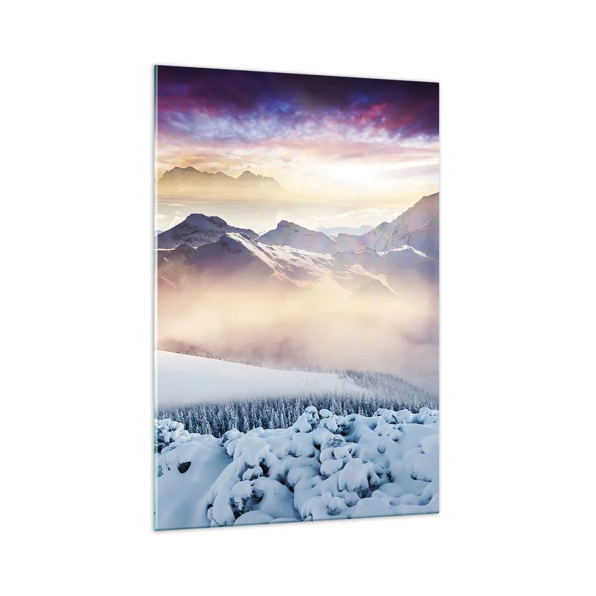 Cuadro sobre vidrio - Impresiones sobre Vidrio - Montañas cubiertas de nieve al amanecer con un cielo colorido. - 70x100cm - La fuerza y la pureza de la naturaleza - Decoración de pared moderna para salón y dormitorio ARTTOR