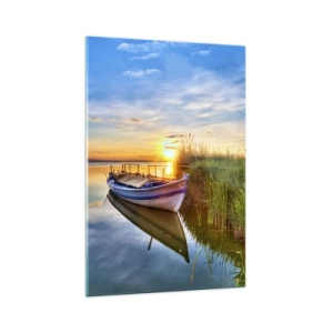 Cuadro sobre vidrio - Impresiones sobre Vidrio - Un barco en una bahía tranquila al atardecer. - 70x100cm - Sueños cumplidos - Decoración de pared moderna para salón y dormitorio ARTTOR