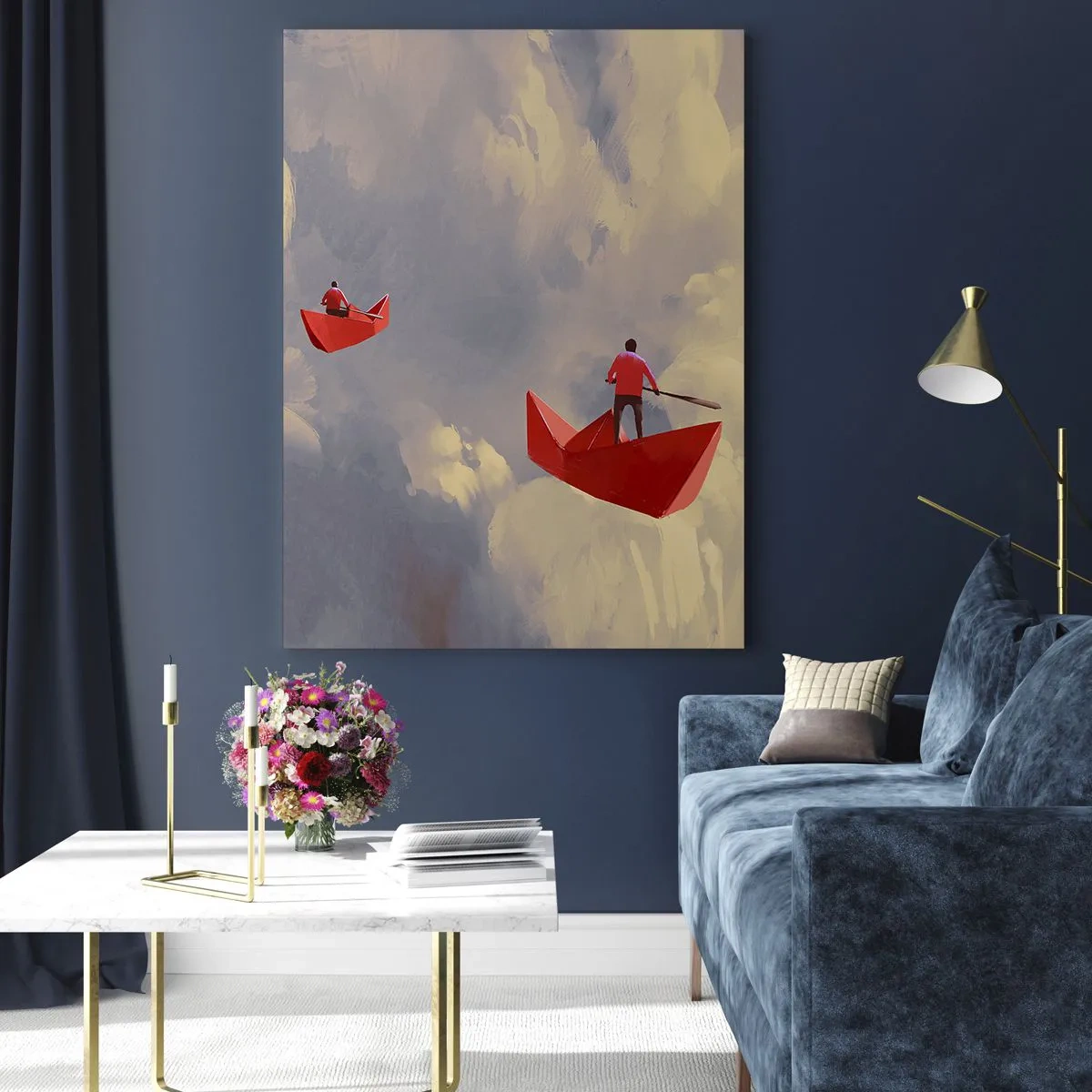 Cuadro sobre vidrio - Impresiones sobre Vidrio - Dos personas en botes rojos contra un cielo nublado - 50x70cm - El viaje de un soñador - Decoración de pared moderna para salón y dormitorio ARTTOR