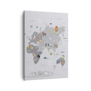Cuadro sobre lienzo - Impresión de Imagen - Un mapa del mundo con ilustraciones de animales sobre un fondo gris. - 50x70cm - Dime de dónde eres... - Decoración de pared moderna para salón y dormitorio ARTTOR