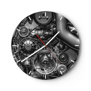 Reloj de pared - Reloj de vidrio - Detalle en blanco y negro del mecanismo de un motor de automóvil. - 30x30cm - La poesía de la mecánica - Decoración de pared moderna para salón, cocina y dormitorio ARTTOR