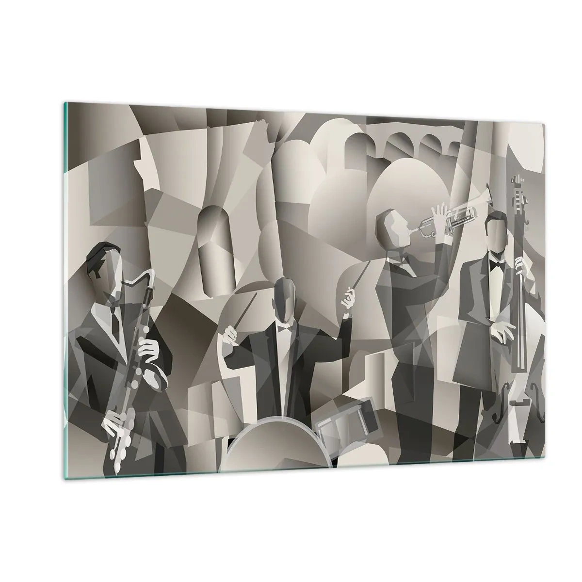 Cuadro sobre vidrio - Impresiones sobre Vidrio - Escenario de banda de jazz estilizado en tonos monocromáticos. - 120x80cm - En el espacio de los sonidos - Decoración de pared moderna para salón y dormitorio ARTTOR