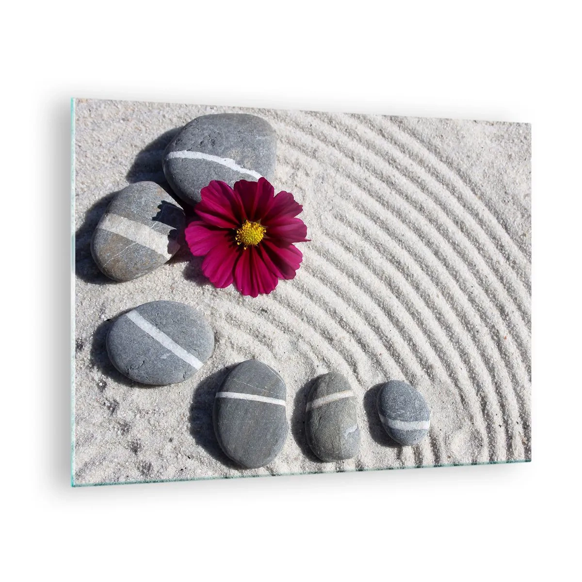 Cuadro sobre vidrio - Impresiones sobre Vidrio - Piedras con rayas blancas y una flor morada sobre la arena en estilo zen. - 70x50cm - Energía y paz del círculo mágico de la naturaleza - Decoración de pared moderna para salón y dormitorio ARTTOR