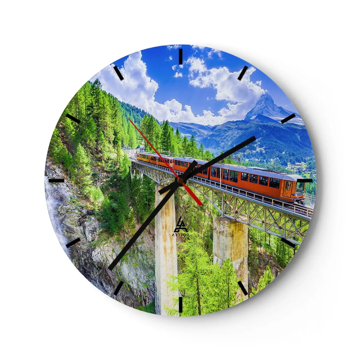 Reloj de pared - Reloj de vidrio - Un tren rojo cruzando un puente en un paisaje alpino. - 30x30cm - Ferrocarril a los Alpes - Decoración de pared moderna para salón, cocina y dormitorio ARTTOR