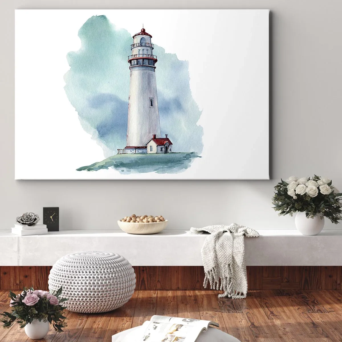 Cuadro sobre lienzo - Impresión de Imagen - Un faro sobre un fondo azul de acuarela. - 70x50cm - Gentil hermana del azul - Decoración de pared moderna para salón y dormitorio ARTTOR