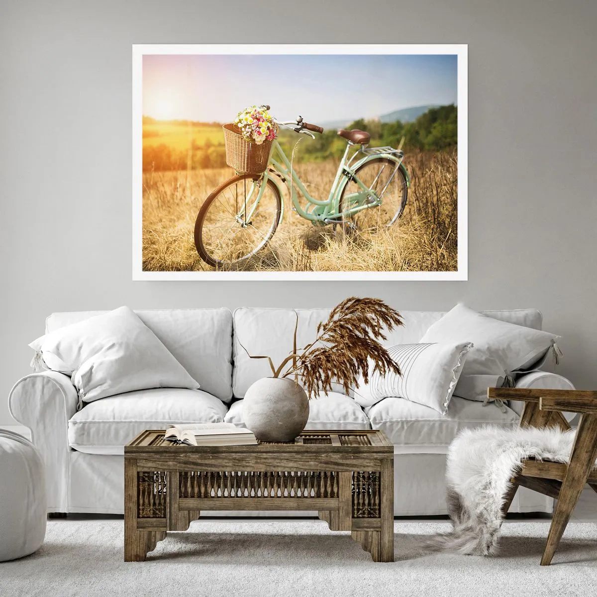 Póster - Una bicicleta retro con una cesta llena de flores sobre un fondo de pradera. - 100x70cm - Me quedaré aquí un tiempo - Decoración de pared moderna para salón y dormitorio ARTTOR