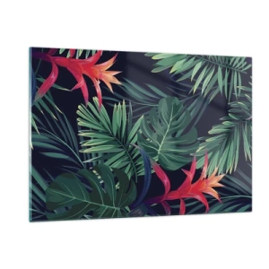 Cuadro sobre vidrio - Impresiones sobre Vidrio - Hojas y flores exóticas sobre un fondo oscuro. - 120x80cm - Encender el color verde - Decoración de pared moderna para salón y dormitorio ARTTOR
