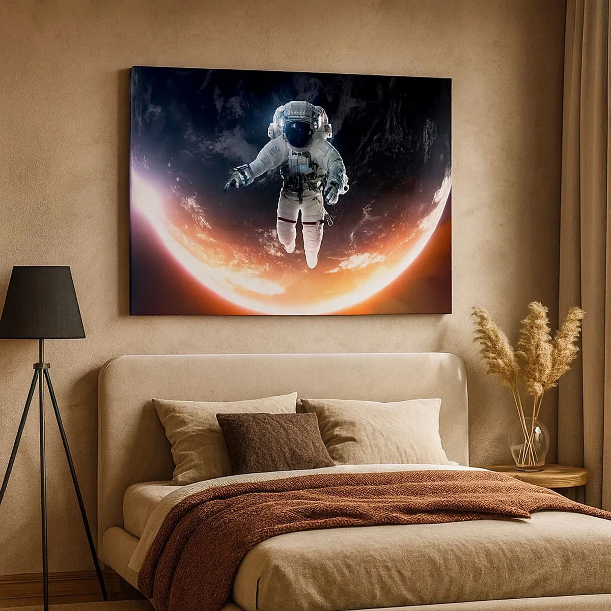 Cuadro sobre lienzo - Impresión de Imagen - Un astronauta flotando sobre una Tierra iluminada por el sol. - 70x50cm - ¿Puedo quedarme un rato más? - Decoración de pared moderna para salón y dormitorio ARTTOR