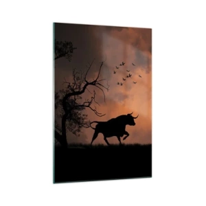 Cuadro sobre vidrio - Impresiones sobre Vidrio - Siluetas de toros contra un cielo naranja al atardecer - 70x100cm - Espectáculo dramático de la naturaleza - Decoración de pared moderna para salón y dormitorio ARTTOR