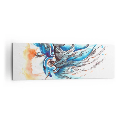Cuadro sobre lienzo - Impresión de Imagen - Gráfico artístico de una mujer con auriculares con acentos musicales. - 160x50cm - Que suene la música - Decoración de pared moderna para salón y dormitorio ARTTOR