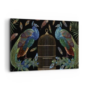 Cuadro sobre lienzo - Impresión de Imagen - Pavos reales junto a una jaula dorada sobre un fondo negro - 100x70cm - Con plumajes reales - Decoración de pared moderna para salón y dormitorio ARTTOR