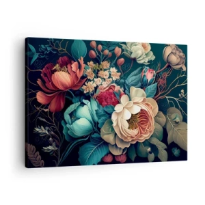 Cuadro sobre lienzo - Impresión de Imagen - Una composición colorida de flores sobre un fondo oscuro. - 70x50cm - Encanto del siglo XIX - Decoración de pared moderna para salón y dormitorio ARTTOR
