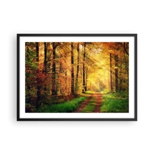 Póster en marco negro - Un sendero forestal rodeado de árboles dorados y verdes. - 70x50cm - Silencio dorado del bosque - Decoración de pared moderna para salón y dormitorio ARTTOR