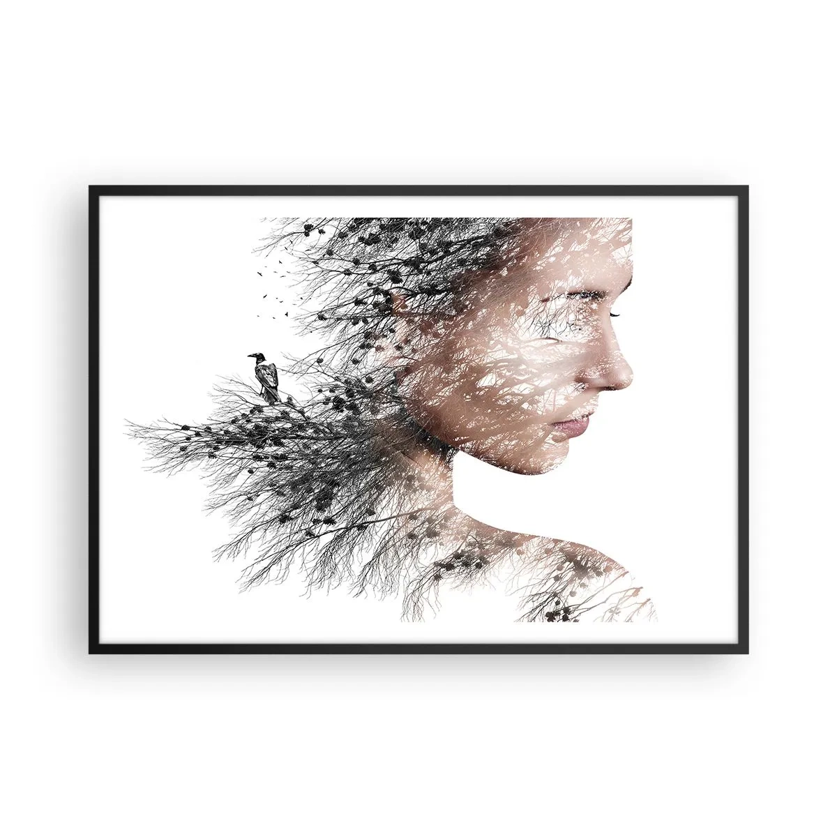Póster en marco negro - Silueta de una mujer con una rama y un motivo de pájaro en el fondo. - 100x70cm - Espíritu del bosque - Decoración de pared moderna para salón y dormitorio ARTTOR