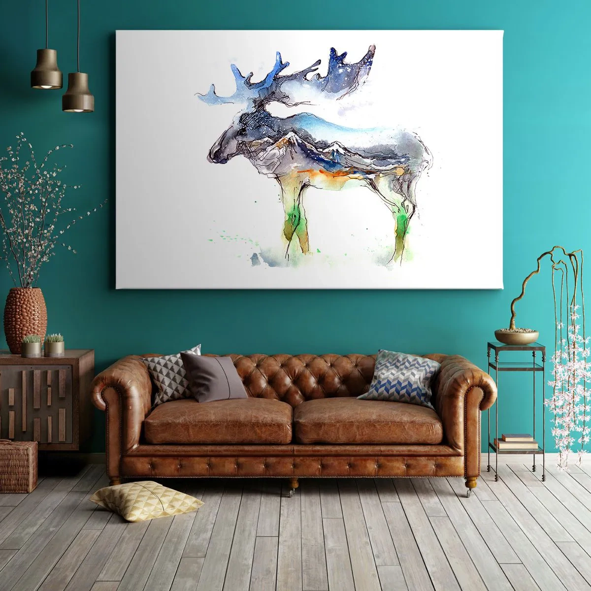 Cuadro sobre lienzo - Impresión de Imagen - Silueta de acuarela de un alce con un paisaje montañoso. - 70x50cm - El héroe de un cuento de invierno - Decoración de pared moderna para salón y dormitorio ARTTOR