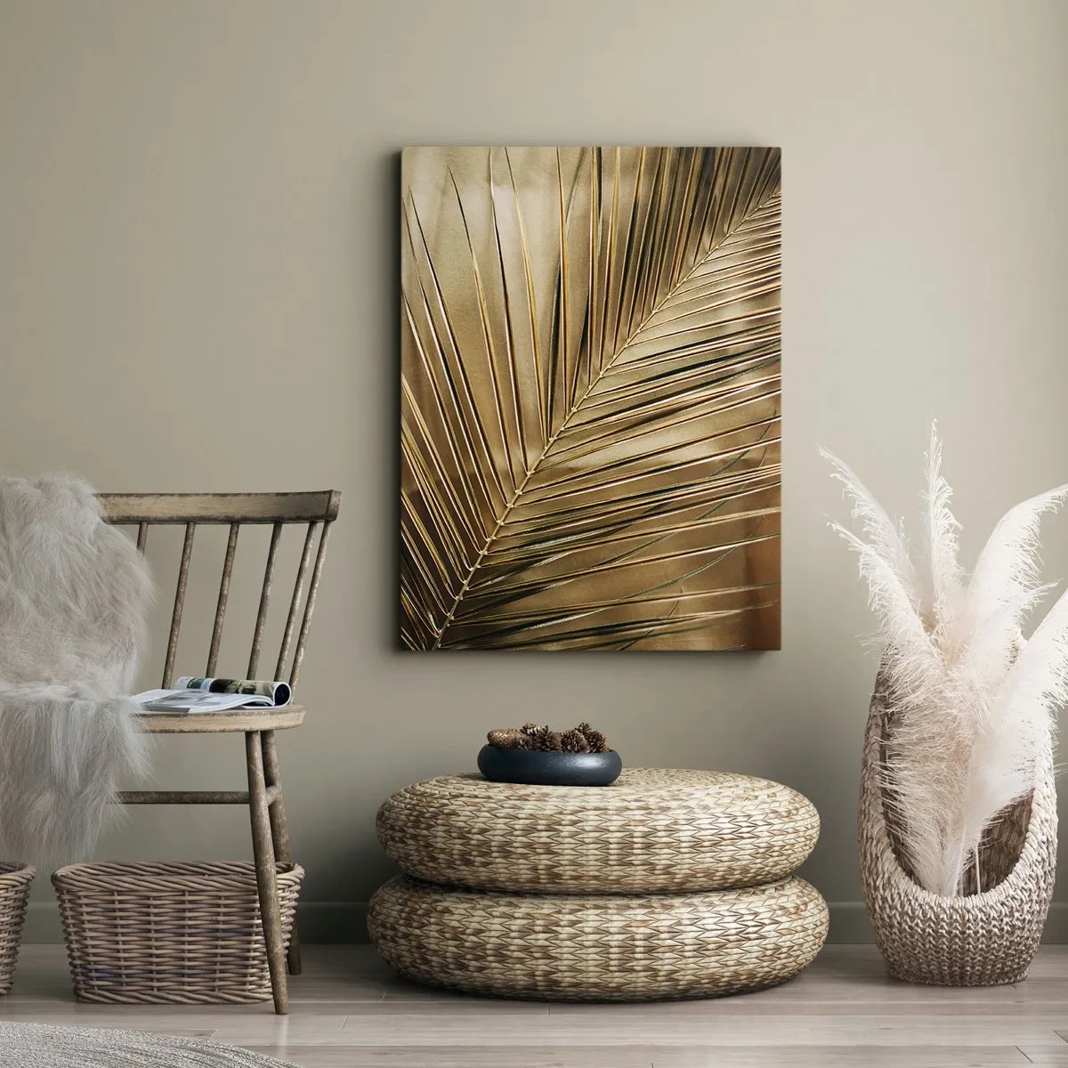 Cuadro sobre lienzo - Impresión de Imagen - Hoja de palma dorada sobre un fondo sólido - 50x70cm - Una columnata natural - Decoración de pared moderna para salón y dormitorio ARTTOR